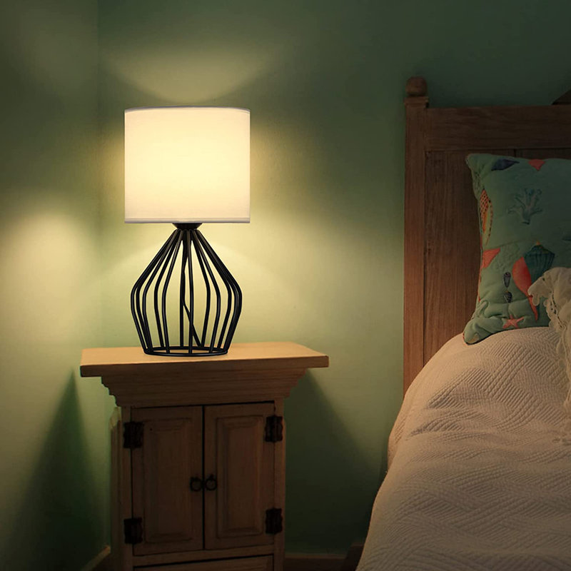 Black Modern Table Lamp with Hollowed Out Base Linen Fabric Shade