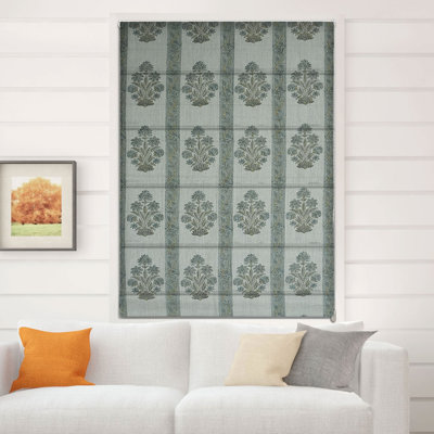  Gray 100% Blackout Room Darkening, Privacy Floral Handmade Block Print Thick Linen Roman Shade for Window Treatments, Indoor French Doors, Corded Blinds, Morpankh