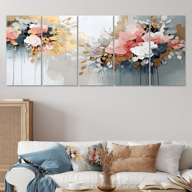 «White Gold Floral Brushstroke Abstract Paint VI», ensemble d'art mural sur toile, H 28 po x l 60 po