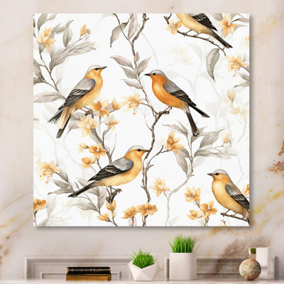 Oiseaux orange noirs sur des arbres I - impression