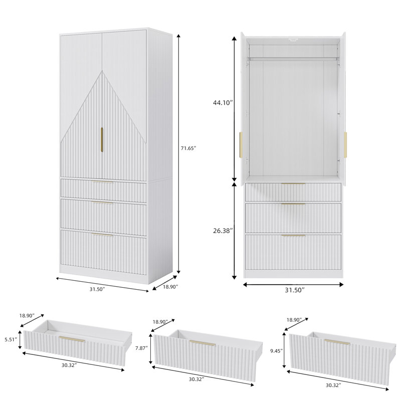 White Modern MDF Wardrobe Armoire with Gold Handles