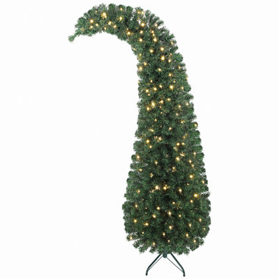 Prelit Bent Top Christmas Tree, Whimsical Xmas Tree Slim High Mountain Fir With 200 Leds And Metal Stand