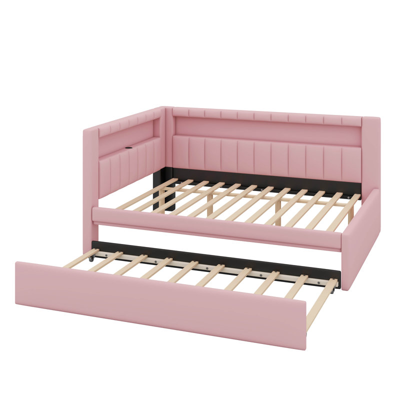 Full Size Platform Bed With USB Ports And Trundle, Pink