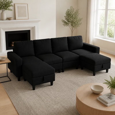 110" W  Adjustable  Modular U-Shaped Sectional Sleeper Sofa with 2 Storage Ottomans