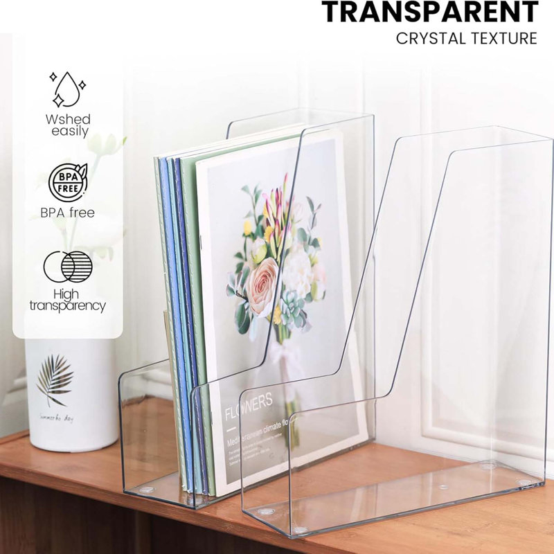 Vertical Magazine File Holder, Clear File Organizer Desk Organizer And Storage Bins Holding For Magazines, Binders, Notebooks, Envelopes, Plastic Office Organization And Storage For Desk, 4 Pack
