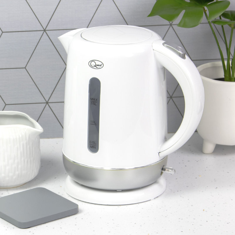 Quest 1.5L Plastic Electric Tea Kettle, White/Silver