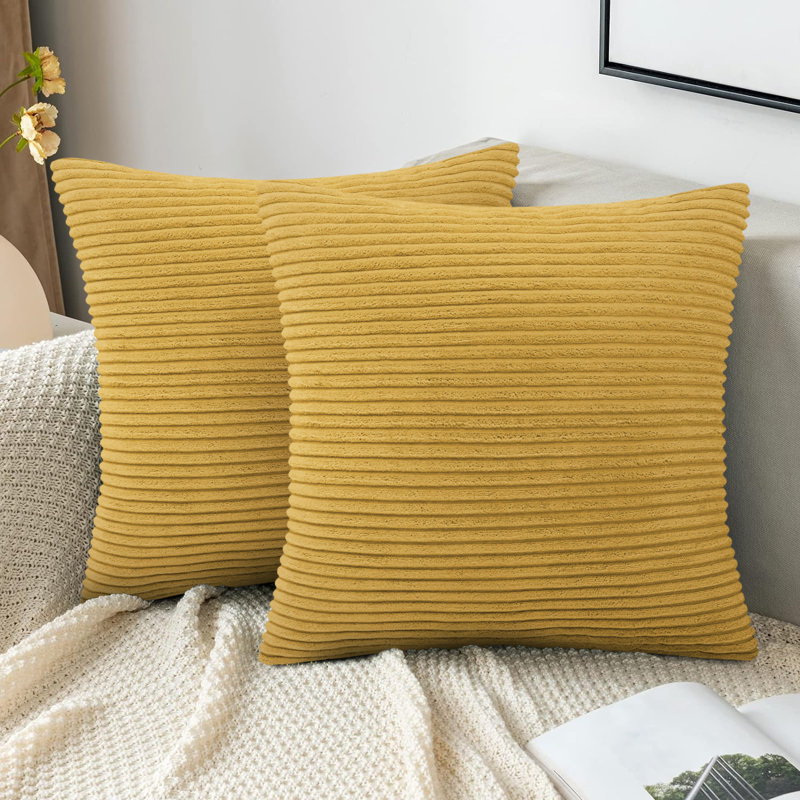 Striped Heavy Crushed Velvet Cushion Cover (Set Of 2) , Ochre
