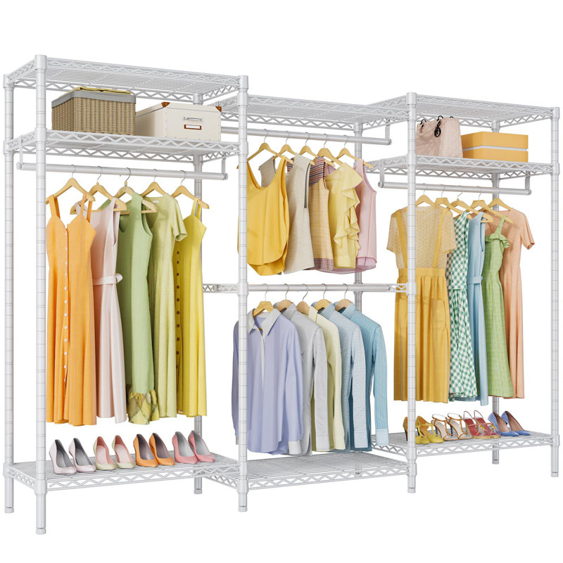 85.4” Heavy-Duty Clothes Rack, 1040 lbs Capacity Adjustable Garment Rack with Shelves, Portable Metal Wardrobe, White, White