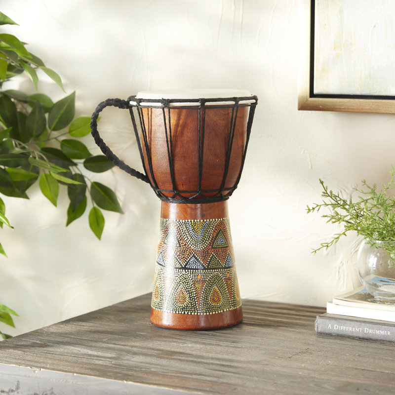Wood Handmade Djembe Drum Decorative Sculpture with Rope Accents, Mahogany