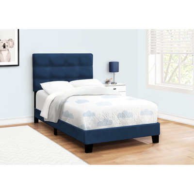 Élégant lit simple en velours bleu, cadre de chambre à coucher transitionnel élégant
