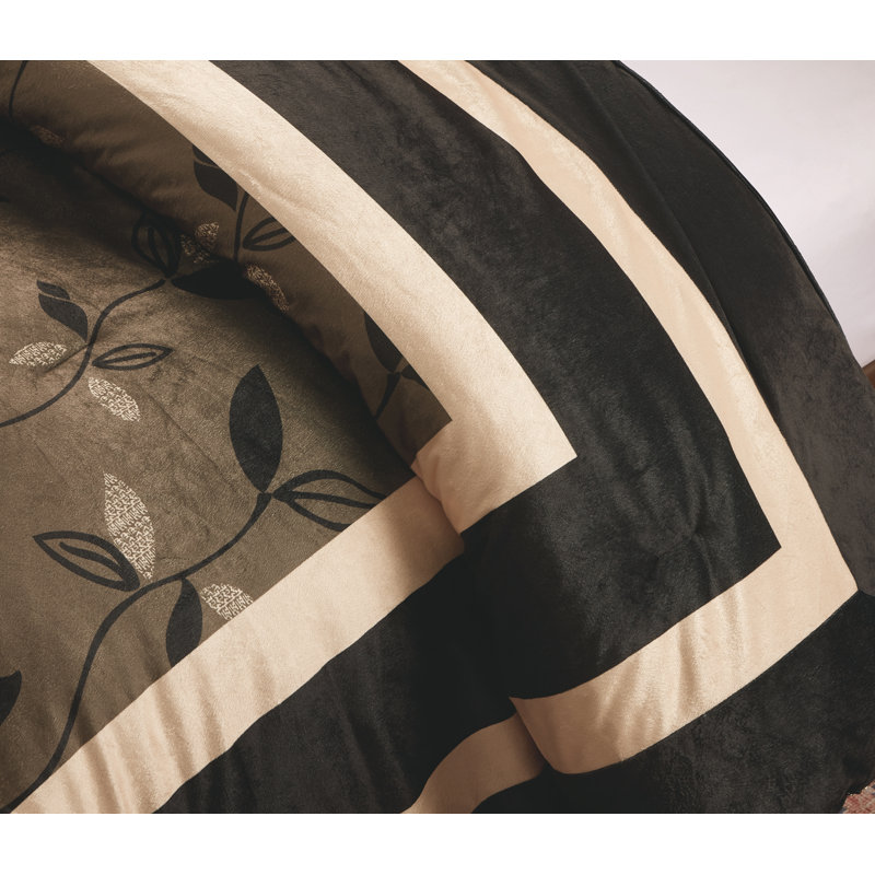 Pastora 7 Piece Short Plush Leaves Print Polyester Comforter Set, Queen Comforter + 6 Additional Pieces, Bronze