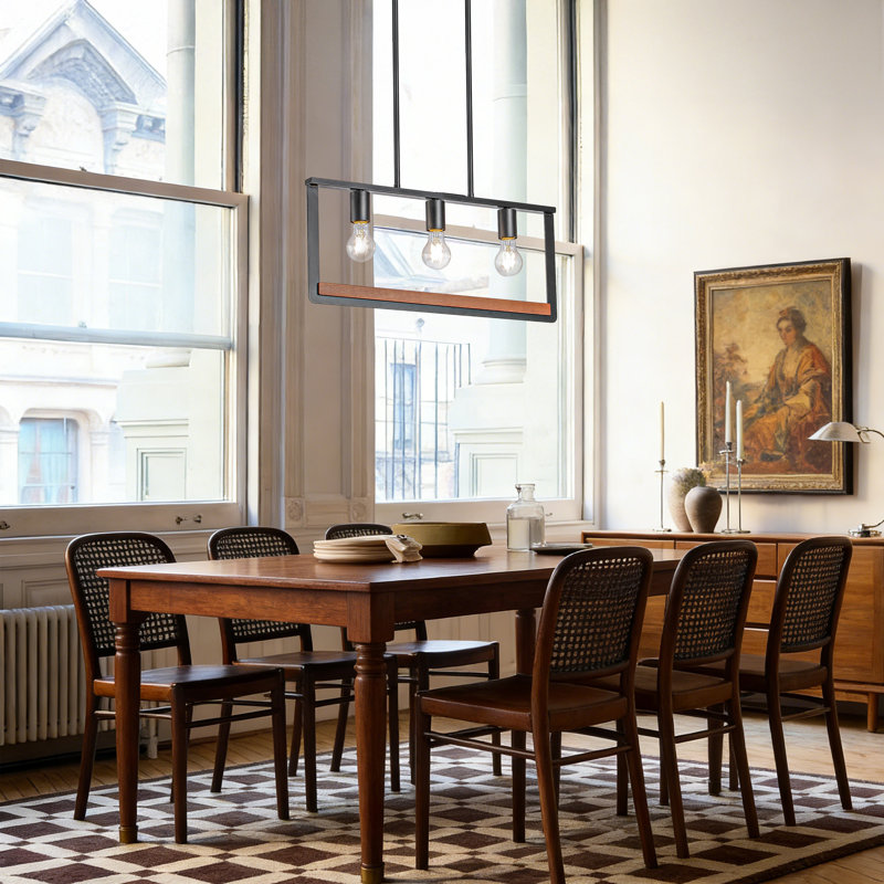 Aldo 23" 3-Light Black Metal Frame with Wood Bar Linear Pendant Light, 3 Lights