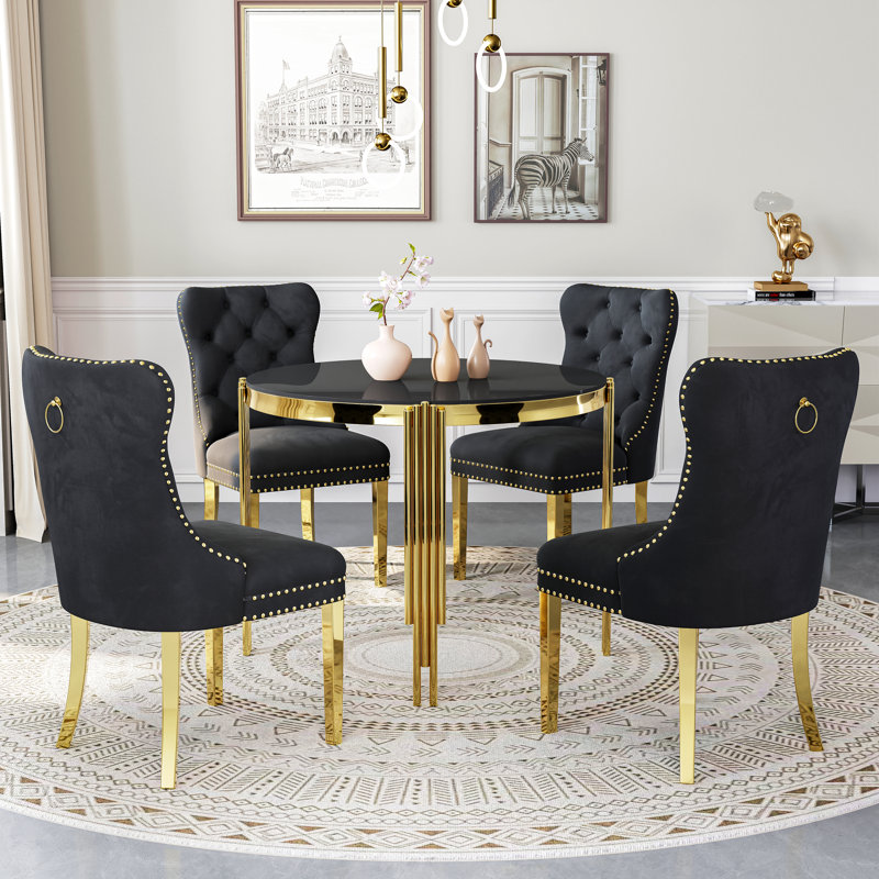37"Modern Glass Dining Table Set, Irregular Stainless Steel Table Legs And Velvet Tufted Backrest Chairs, Black, Black/Gold