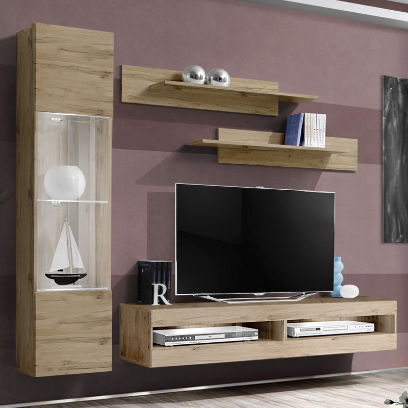 Liddell 85" Modern Floating Wall Mounted Entertainment Center with 16-Color LED Lighting, High Gloss Finish, Oak
