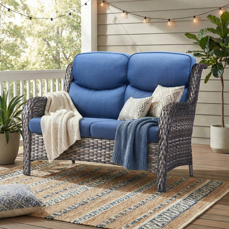 Simino Outdoor All-Weather PE Rattan Patio Loveseat With 5" Thick Cushions, Gray, Blue