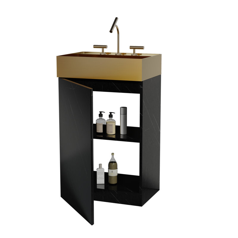 Meuble-lavabo en marbre 20 po avec lavabo en acier inoxydable doré et armoire autoportante, Noir