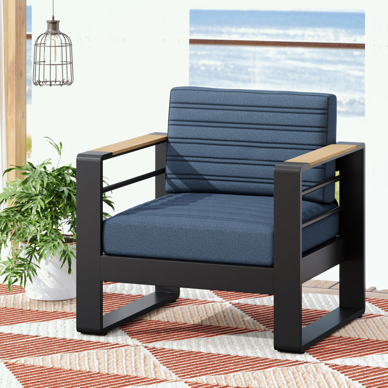 Chaise d'extérieur avec accoudoirs et coussin moelleux, Bleu