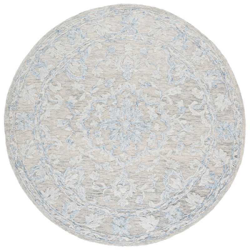 Tapis gris / bleu en laine / coton touffeté à la main Marquee 505, Rond 6 pi