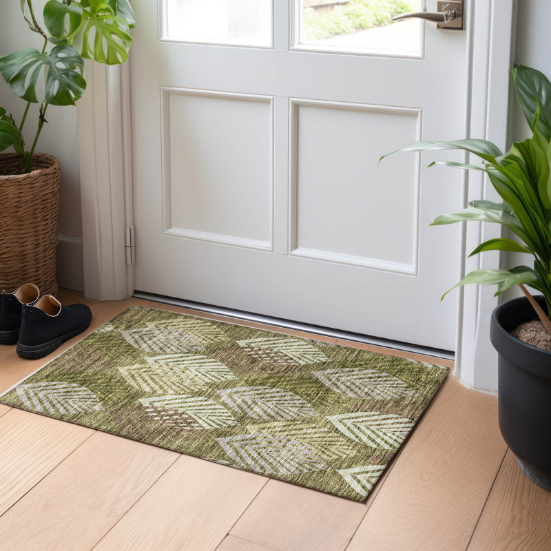 Premium Machine Washable Prisco Olive Rug, Rectangle 1'8" x 2'6"