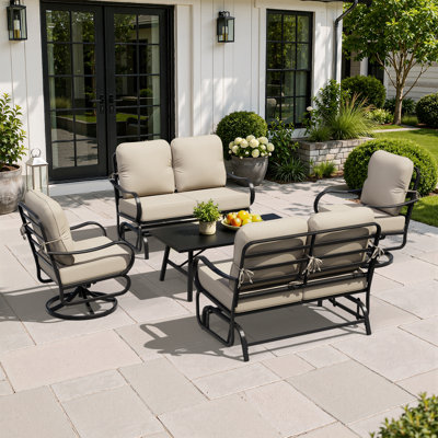 5-Piece Patio Conversation Set with Coffee Table, Dual Loveseats, Swivel Chairs & Beige Cushions
