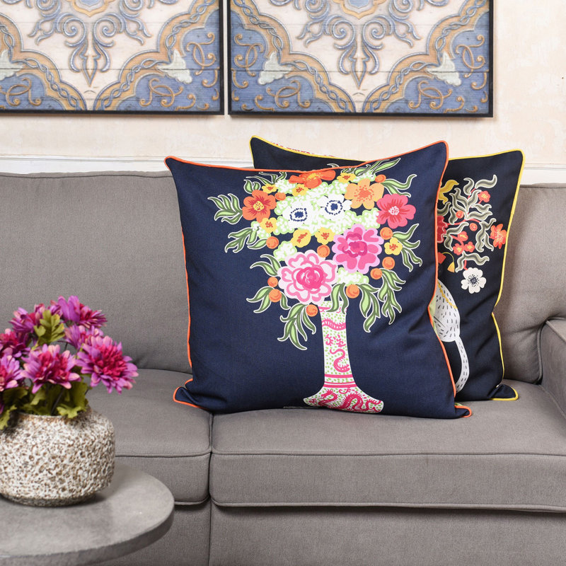 24" Floral Linen and Velvet Double Sided Throw Pillow