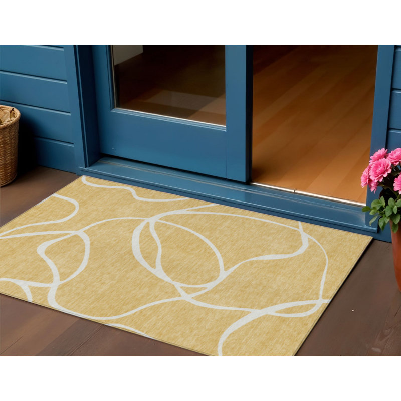 Tapis intérieur lavable abstrait doré et ivoire 3 pi x 5 pi