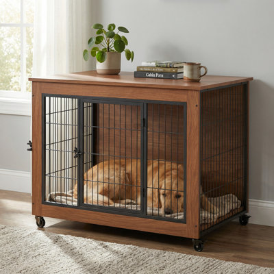 Mobilier de cage pour chien avec roues mobiles verrouillables et conception de ventilation, chenil pour chien avec plateau de table latéral et verrous coulissants sécurisés pour petits chiens de taille moyenne à l'intérieur