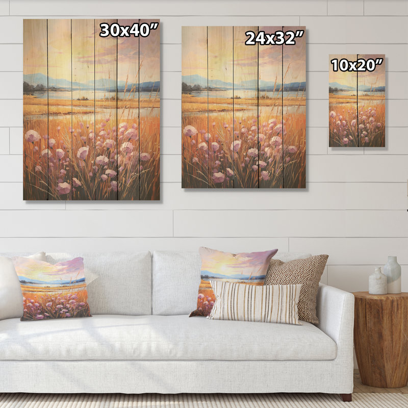 Harmonie naturelle, coucher de soleil, prairies en fleurs, pin naturel, H 20 po x l 10 po