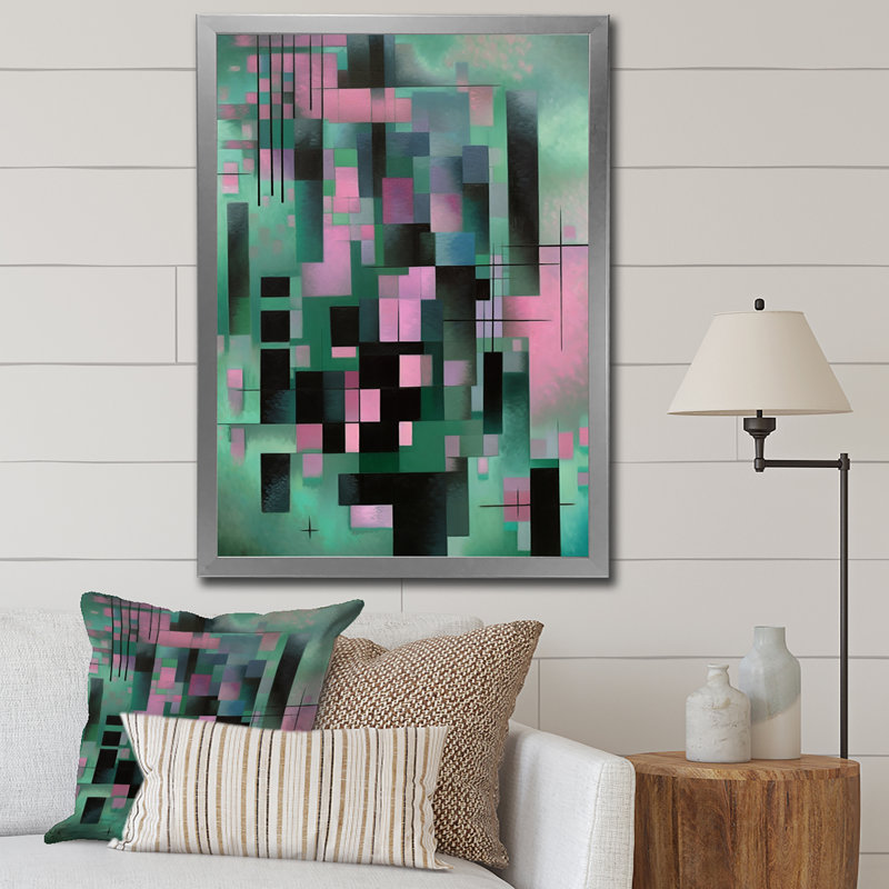 Cubisme rétro vert mystérieux et rose rétro - impressions d'art géométriques modernes, H 44 po x l 34 po x P 1,5 po