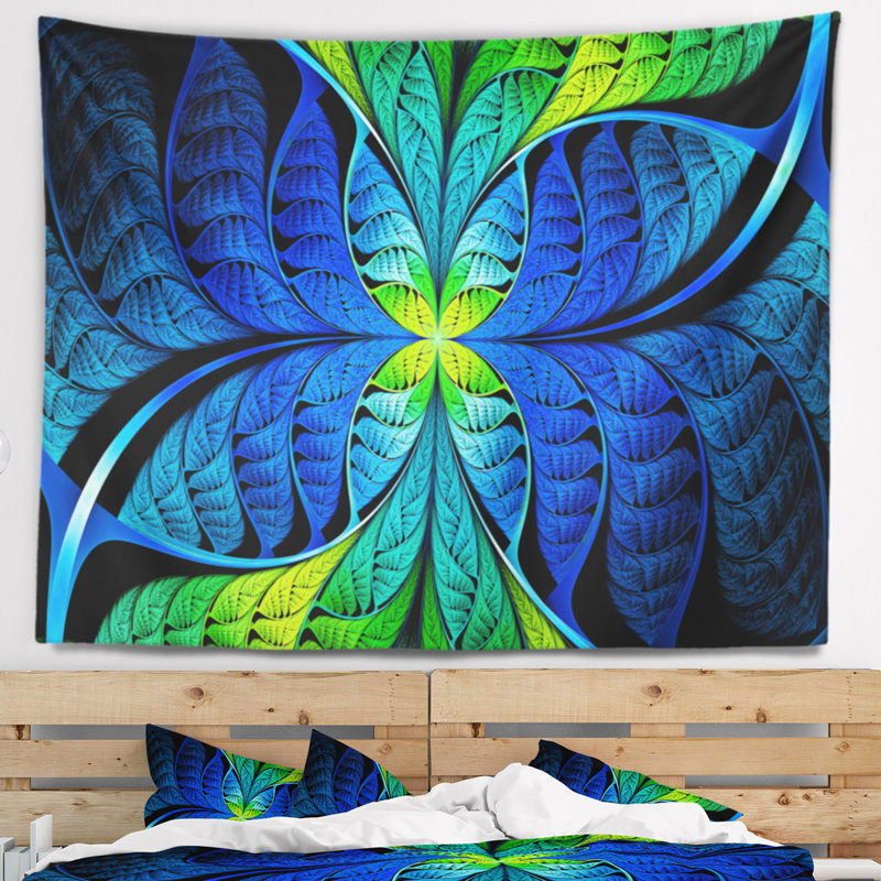 Tapisserie abstraite bleu vert fractal en verre coloré, H 68 po x l 80 po