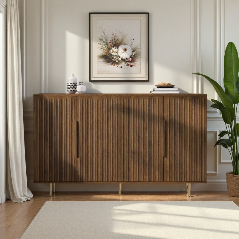 Buffet buffet moderne en bois cannelé avec tablettes de rangement réglables