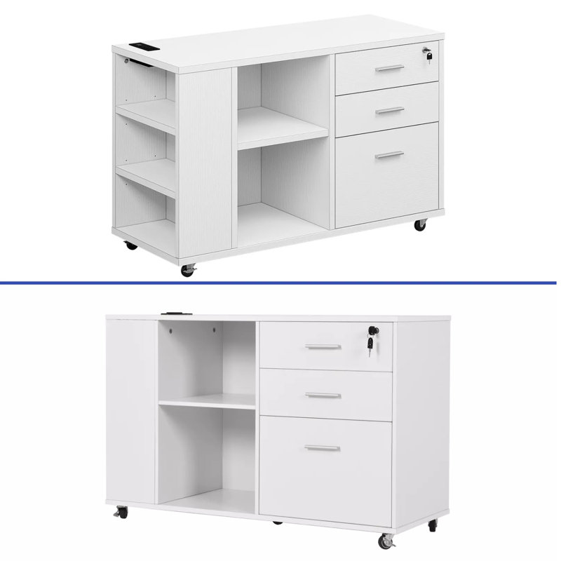 Ardeha 39" W 3-Tiers Wood Storage File Cabinet with 3 Drawers &3 Side Storage Shelve &Built-In Outlet, White