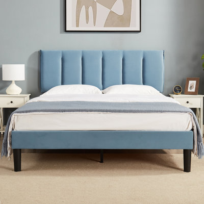 Auxter Queen Bed Frame with Adjustable Headboard, Velvet Upholstered Queen Size Platform Bedframe with Vertical Channel Tufted Headboard, Wooden Slats Support, Fully Upholstered Mattress Foundation, No Box Spring Needed