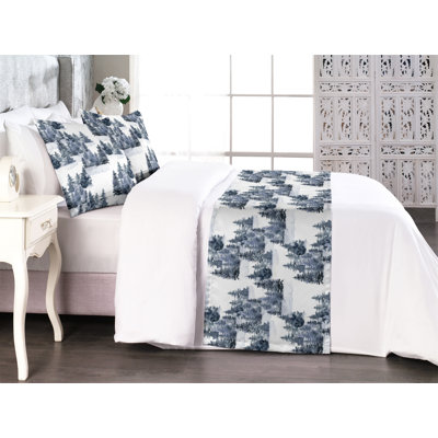 Ambesonne Winter Bed Runner Set Pine Trees Snowy Forest Art  Sea Blue Off White