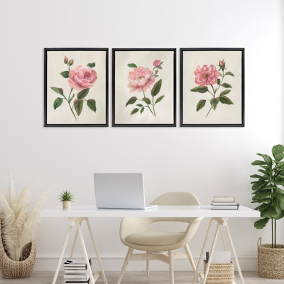 Pink Rosie Rose Florals 3pc Floating Frame Set, design by Nan