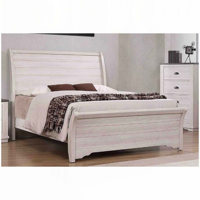 Lit plateforme Rustic Wood, Blanc cassé / gris