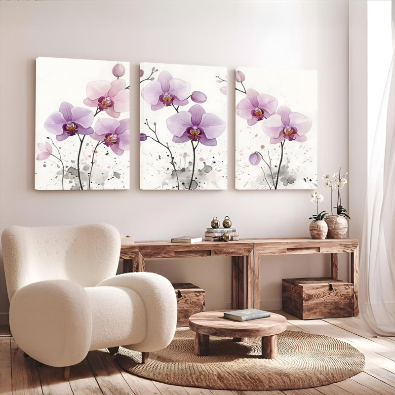«Mauve Orchidée florale», reproduction d'art sur toile tendue sur toile (ensemble de 3), H 30 po x l 60 po