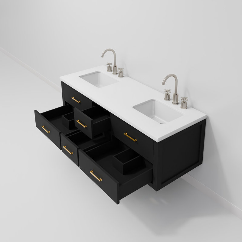 Ensemble de meuble-lavabo double 60 po, Noir, Marbre de culture blanc