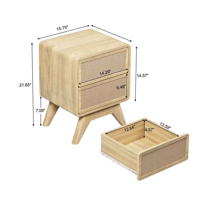 Natural Wood and Linen 2-Drawer Nightstand Set with Tapered Legs