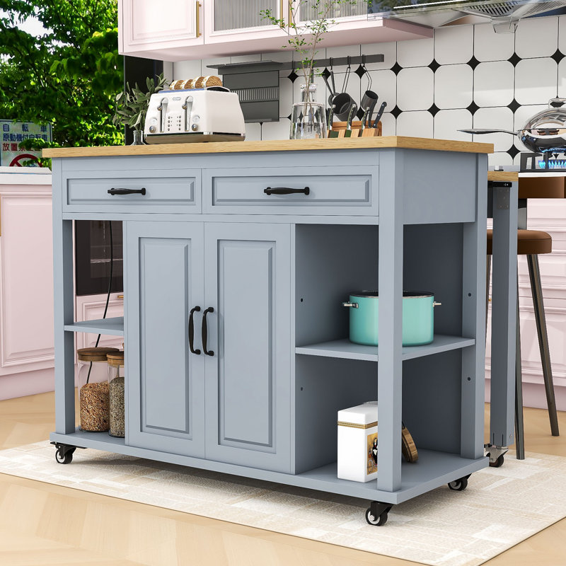Extendable Kitchen Island with 2 Drawers, Storage Cabient and Built-In Power Outlet, Gray Blue