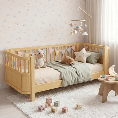Twin Montessori Floor Bed with Removable Safety Guardrails, Solid Wood Kids Daybed, Low Profile Toddler Bed Frame with Curved Side Panels for Bedroom & Playroom, Natural