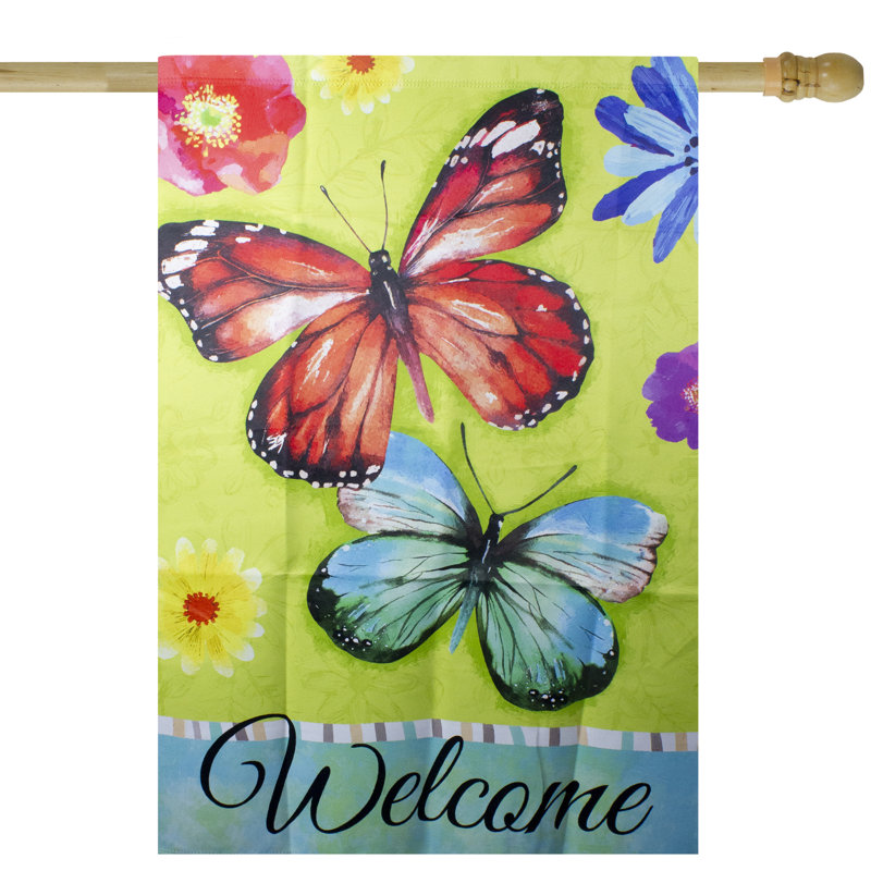Drapeau floral d'extérieur Welcome Butterflies, H 40 po x l 28 po