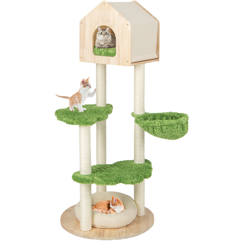 Green and Beige 55'' Tall Wooden Cat Tree with Sisal Posts