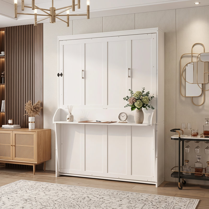 Grand lit escamotable vertical en bois avec bureau et vérins à gaz, lit escamotable blanc, Blanc