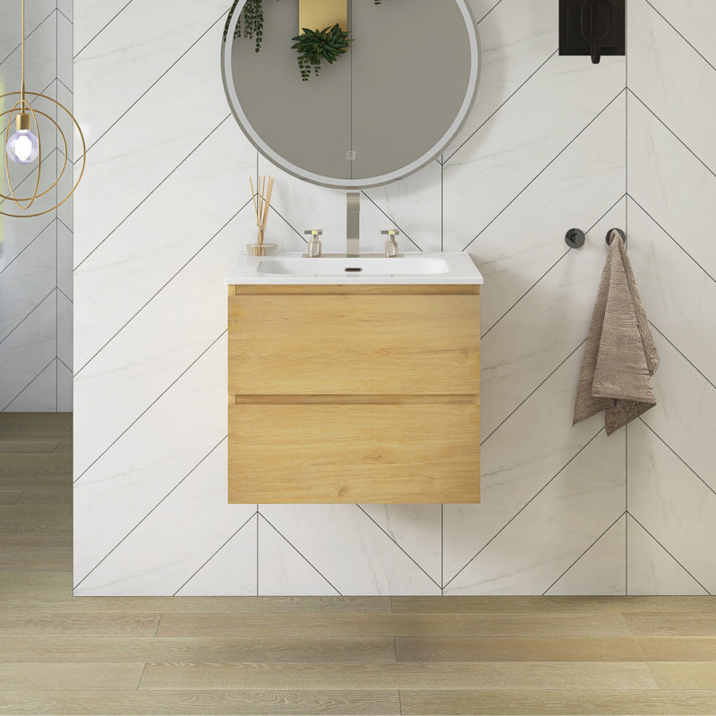 Meuble-lavabo mural 24 po avec comptoir en céramique blanche, Chêne