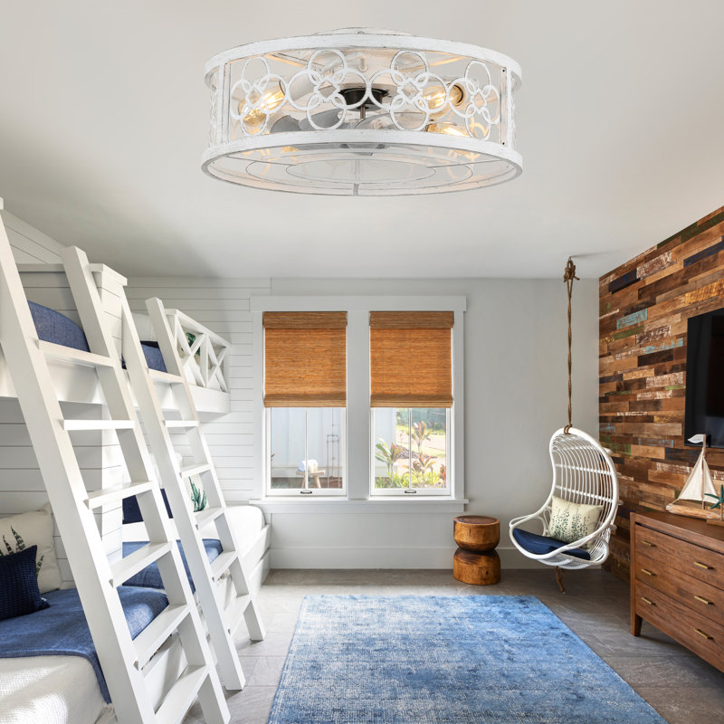 Barney 19" Caged Ceiling Fan with Light Kit and Remote, Flush Mount Farmhouse Ceiling Fan with Light