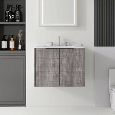 Meuble-lavabo flottant 24 po avec lavabo, porte à fermeture douce, comptoir et dosseret en marbre de culture blanc de 0,6 po Carrara, contreplaqué, gris