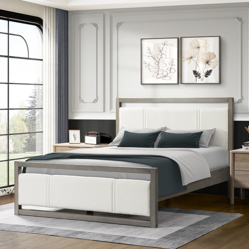Queen Panel Bed Featuring Boucle Headboard, Grey Rubberwood Frame, Noise - Operation, Comfortable Design Size In Wood With Upholstered Solid Legs, Even Weight Distribution, Easy Setup