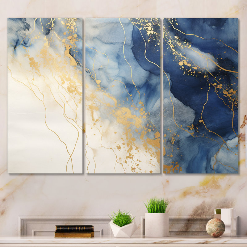 «Momentary Spirit Golden Wave Retro Blue II» sur toile, reproduction de 3 pièces, H 28 po x l 36 po x P 1 po