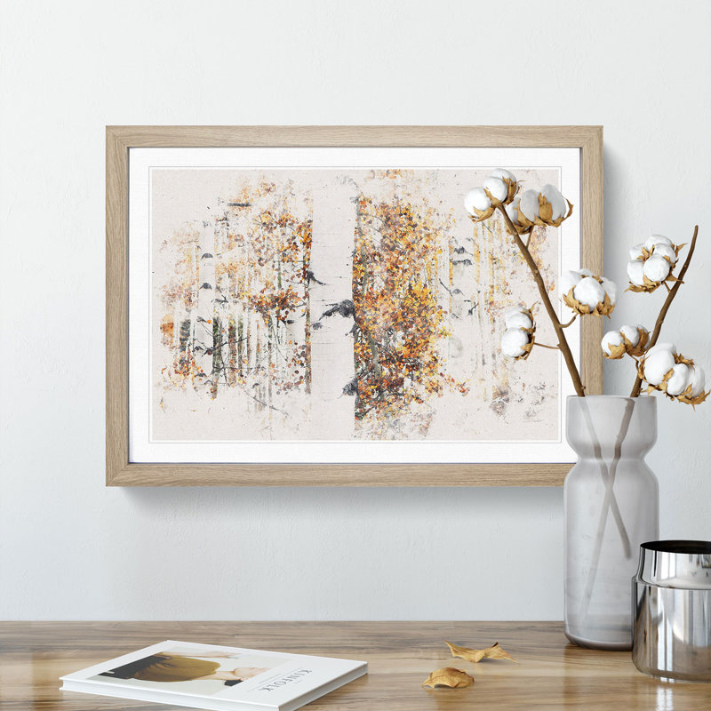 Birch Trees in Autumn Watercolour - Picture Frame Graphic Art Print, 45cm H x 63cm W x 2cm D, Oak Framed